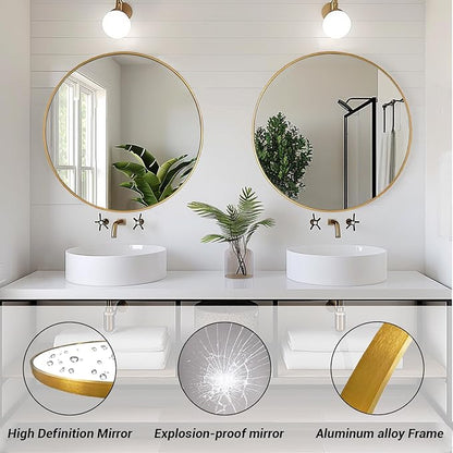 Gold Circle Mirror, Round Mirror 20 inch, Gold Mirror Metal Frame, Round Wall Mirrors for Bathroom, Bedroom, Living Room, Entryway.