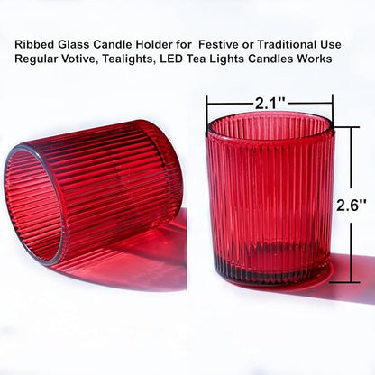 VOHO Red Candle Holders Set of 12, Ribbed Glass Votive Candle Holders Bulk for Holiday/Party Decorations, Tea Lights Candle Holder Wedding Centerpieces for Tables