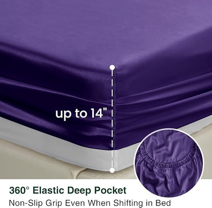 Love's cabin Satin Queen Sheets Set - 4 Piece Purple Silky Bed Sheets Set with Deep Pocket, Luxury Silk Feel Satin Queen Size Sheet Set (1 Flat Sheet,1 Fitted Sheet,2 Pillow Cases)