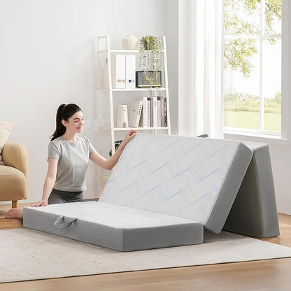 Foldable Mattress Queen 3 inch -Portable White Memory Foam Folding Matress with Washable Cover for Camping Travel Guest Room Home Use-Non-Slip&Easy Storage