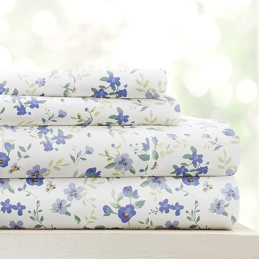 Linen Market Double-Brushed Patterned Microfiber Full Sheet Set 4 Piece – Oeko-TEX Certified Ultra Soft & Wrinkle-Free - 16" Deep Pocket Sheets - Easy Care Full Size - Blossoms Light Blue