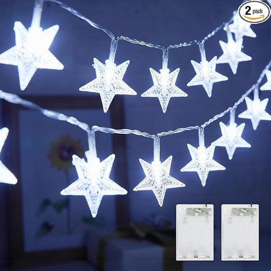 Minetom Star String Lights Battery Operated - 2 Pack 17 ft 50 LED Star Fairy String Lights with Timer, Waterproof for Indoor Bedroom Tent Loft Bed Patio Party Wedding Decor, White