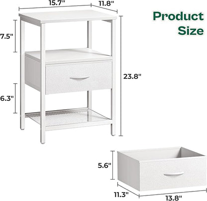Huuger Night Stand with Fabric Drawer, Side Table with Mesh Shelf, Bedroom Nightstand, Fabric Drawer Dresser, Open Shelf, Metal Frame, Couch Side, White