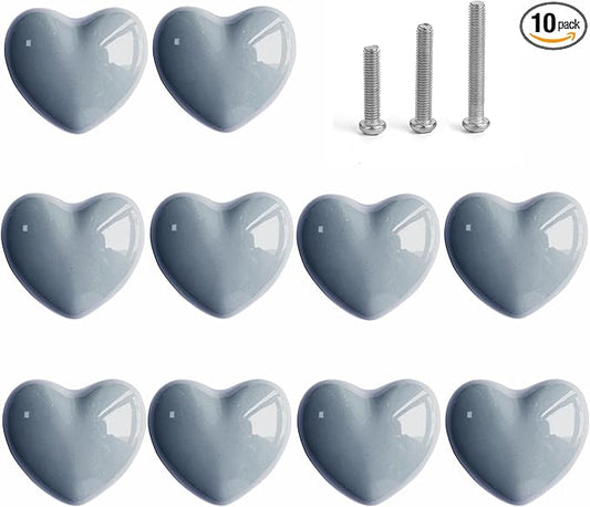 Ceramic Drawer Knobs Heart Shape Cabinet Dresser Pulls Handles with 3 Sized Screws, Kitchen Furniture Knobs for Closet Cupboard Wardrobe (Grey, 10 Pack)