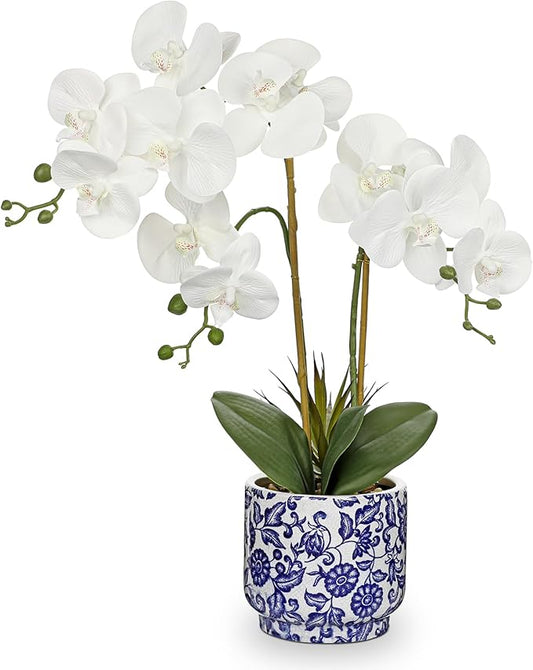 Briful Orchid Artificial Flowers 19.6in White Orchid Silk Floral Arrangement with Blue and White Ceramic Pot Fake Orchid Plant for Home Office Dining Room Table Centerpiece Decor