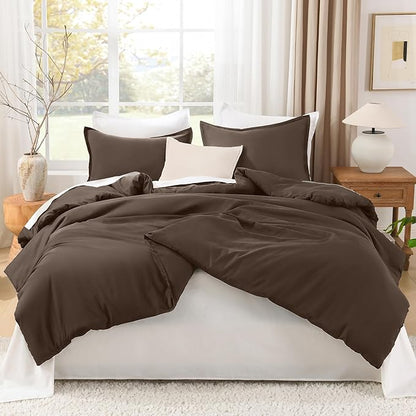 Litanika Comforters Queen Size Chocolate, 3 Pieces Lightweight Solid Bedding Set & Collections, All Season Fluffy Bed Set (90x90 Inches Comforter & 2 Pillowcases)