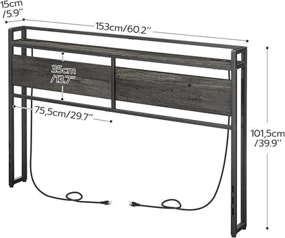 HOOBRO Headboard Queen Size, Headboard with 2 Outlets and 4 USB Ports, Adjustable Height, Storage Rack, Sturdy and Stable, Easy Assembly, Charcoal Gray and Black