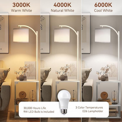 SUNMORY Floor Lamp with Table, End Table for Living Room with Lamp, Shelves Side Table with Charging Station(USB & AC Port), 3 Color Temperature LED Bulb, Modern Nightstand Lamp for Bedroom, Office