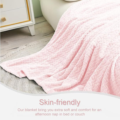 Exclusivo Mezcla Fleece Queen Size Blanket for Bed, 90x90 Inches Soft Cozy Jacquard Flannel Blankets, Lightweight Fuzzy Plush Warm for Winter, Light Pink