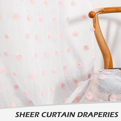 MYSKY HOME 108 Inch Pink Pom Pom Curtains, 2 Sets, 52 x 108 Inch, Rod Pocket, Modern, Sheer, Adult, Unisex, Bedroom, Living Room, Dining Room