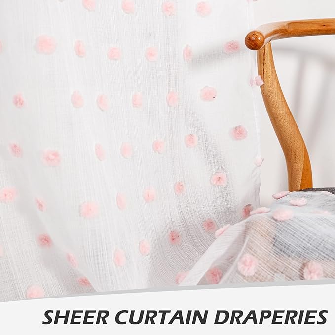 MYSKY HOME 45 Inches Kitchen Curtains Small Window Curtains for Bathroom Cafe Bedroom Pink Pom Pom White Sheer Curtains for Nursery Room Rod Pocket 2 Pieces Drapes 52 x 45 inch Length
