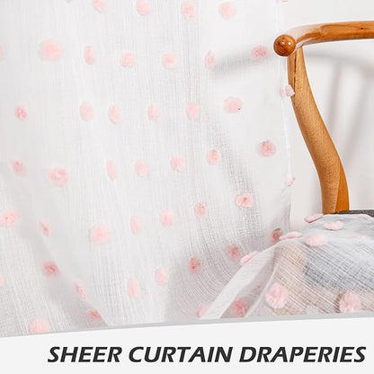 MYSKY HOME Pink Curtains for Girls Bedroom Nursery Pom Pom Curains for Girls Kids Room 63 Inch Long White Sheer Curtains for Dining Room Playroom Rod Pocket Window 38" x 63" 2 Pieces
