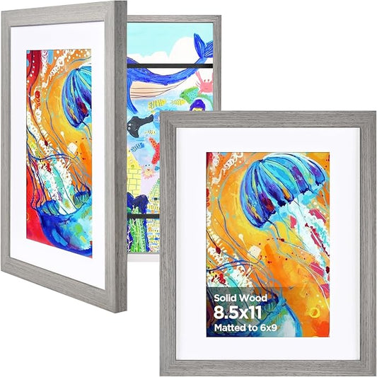 KINLINK 8.5x11 Kids Art Frames Set of 2, Solid Wood Kids Artwork Frames Changeable with Acrylic Front Opening Holds 150 Pictures, Art Frame for Kids Artwork with Mat or without Mat, Grey