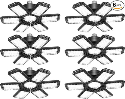 6 Pack LED Garage Light, 200W 20000LM 6500K LED Shop Lights, Garage Lights Ceiling Led with 6+1 Deformable Panels, Screw in E26/E27 Socket Bulb for Warehouse, Workshop, Basement, Barn Lighting