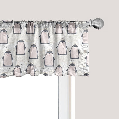 Ambesonne Penguin Window Valance, Pastel Colored Style Cartoon Animals from Antarctica Crowns on a Dotted Background, Curtain Valance for Kitchen Bedroom Decor with Rod Pocket, 54" X 12", Grey Pink