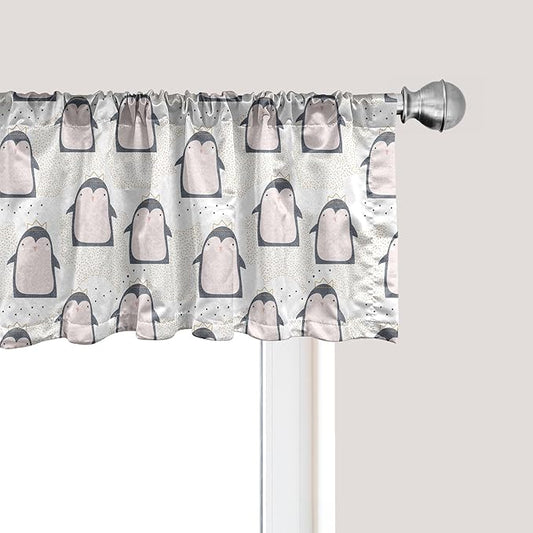 Ambesonne Penguin Window Valance, Pastel Colored Style Cartoon Animals from Antarctica Crowns on a Dotted Background, Curtain Valance for Kitchen Bedroom Decor with Rod Pocket, 54" X 12", Grey Pink