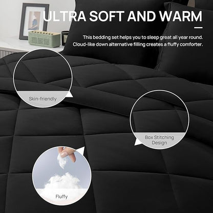 Love's cabin Twin XL Comforter Set Black, 5 Pieces Twin XL Bed in a Bag, All Season Bedding Sets with 1 Comforter, 1 Flat Sheet, 1 Fitted Sheet, 1 Pillowcase and 1 Pillow Sham