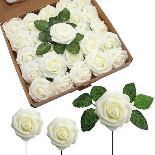 JOYLEX Artificial Flowers Realistic Roses, Real Looking Fake Roses with Stem for DIY Wedding Bouquets Centerpieces Bridal Shower Party Home Romantic Decorations (Milk White, Regular 3" - 200pcs)