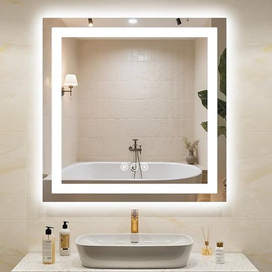 36"x 36" LED Bathroom Mirror with Lights, Double Lighting Sources Dimmable, LED Mirror for Bathroom, Anti-Fog, Lighted Bathroom Vanity Mirror for Wall, ETL Listed, Tempered Glass(Horizontal/Vertical)