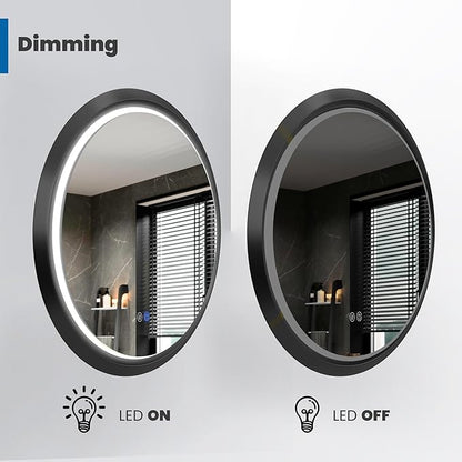 Fab Glass 32 Inch Front Lit LED Circle Vanity Bathroom Mirror, Anti-Fog Dimmable Touch & 3 Color Modes Round Framed LED Mirror 32" L X 32" W Black