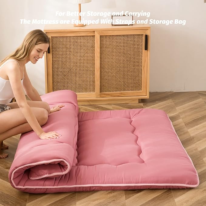 MAXYOYO Japanese Floor Mattress Futon Mattress, Thicken Sleeping Pad Foldable Roll Up Floor Futon for Adults Tatami Mat Dormitory Bed Lounger, Pink, Queen Size
