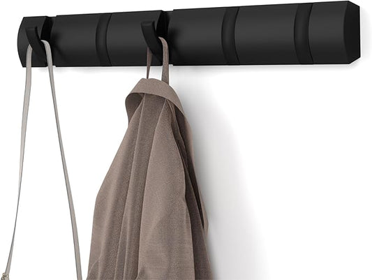 Umbra Flip Wall-Mounted Coat Rack with 5 Hooks – Modern, Space-Saving Storage for Hats, Jackets, Bags, Entryway, Mudroom, Closet, Bathroom, Bedroom – Black