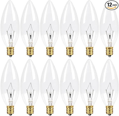12-Pack E12 Candelabra Light Bulbs 25W, Dimmable Warm White 2500K Chandelier Light Bulbs for Indoor, B10 Clear Bulbs (Gold Base)