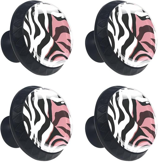 4 PCS Knobs for Dresser Drawers, Pink Zebra Skin Texture ABS Round Kitchen Cabinet Handles Pulls for Kitchen Cupboard Wardrobe Hardware Bedroom