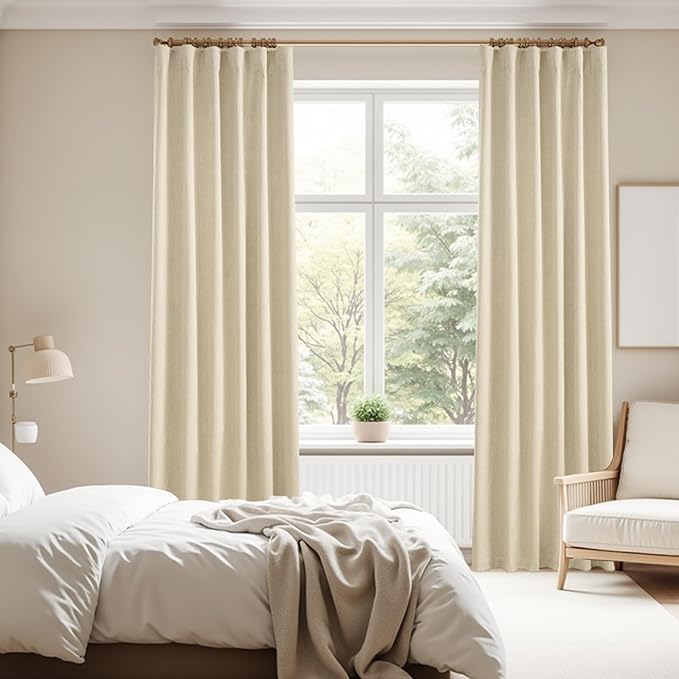 KangBang Latte Beige Blackout Curtains 102 Inches Long, Thermal Insulated Light Blocking Back Tab Pleated Curtains for Living Room, Soft Linen Textured Farmhouse Boho Curtains 2 Panels, 52x102 Inch