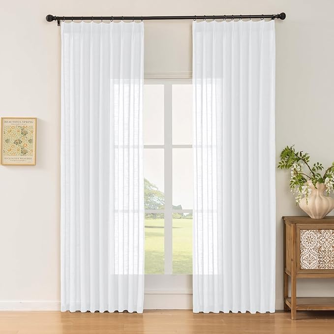 White Sheer Linen Pinch Pleated Sliding Door Curtains, 2x50 Inches Width, Cotton Look Light Filtering Drapes 102 Inches Long, Soft Textured Farmhouse Floor to Ceiling Window Curtain Panels