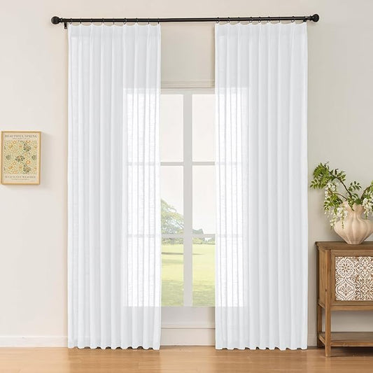 White Sheer Linen Pinch Pleated Sliding Door Curtains, 2x50 Inches Width, Cotton Look Light Filtering Drapes 108 Inches Long, Soft Textured Farmhouse Floor to Ceiling Window Curtain Panels