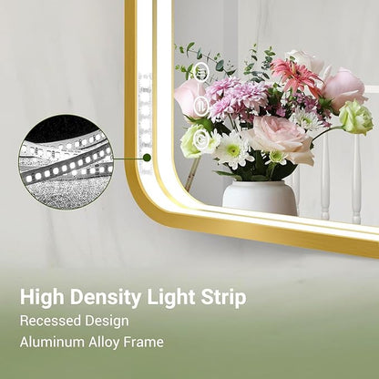 LED Bathroom Mirror with Lights, 30x36 Inch Gold Metal Framed LED Mirror for Bathroom, 3 Colors and Stepless Dimmable Wall Mounted Lighted Bathroom Vanity Mirror, Anti-Fog, Memory