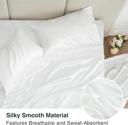 Love's cabin California King Satin Sheet Sets - 4 Piece White Silky Sheets Bed Set with Deep Pocket, Luxury Silk Feel Satin Cal King Sheet Set (1 Flat Sheet,1 Fitted Sheet,2 Pillow Cases)