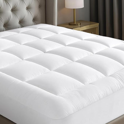 Cloud-Like King Mattress Topper - 100% Cotton Top Mattress Pad for Back Pain Relief - Breathable & Naturally Cooling for Hot Sleepers, White