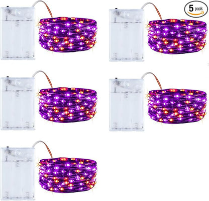 Minetom Halloween Fairy Lights Battery Operated, 5 Pack 7 FT 20 LED With Timer, Black Wire String Lights Indoor for Bedroom Party Classroom, Orange and Purple