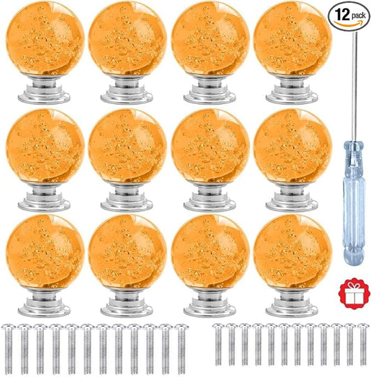 12 Pcs 30mm Round Bubble Crystal Glass Cabinet Knobs with Screws Drawer Knob Pull Handle Used for Kitchen, Dresser, Door, Cupboard (Amber)