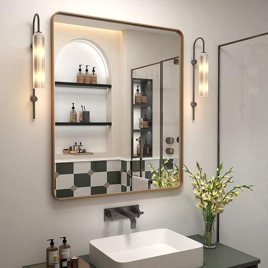 30x36 Gold Mirror for Bathroom, Brushed Gold Metal Framed Mirror for Vanity, Rectangle Wall Mouted Mirror, Rounded Corner, Shatterproof, Anti-Rust (Horizontal/Vertical)