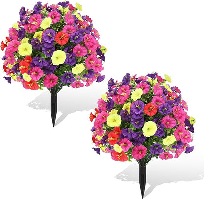 Artificial Boxwood Topiary Ball Trees with Ground Spikes UV Resistant Faux Greenery Shrubs Fake Shrubs for Outdoors, Realistic Faux Plants Bushes for Garden Porch Yard Patio Decor (Multi Flower)