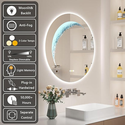 28'' Round Bathroom Mirror with Light, Frameless Circle Mirror with Backlit & Half Moonlight, Anti-Fog, Tempered Glass, Dimming LED Vanity Mirrors for Oversink, Bedroom, Wall Decor, Entryway