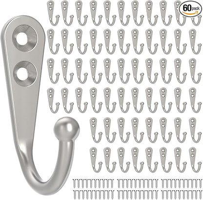 POZEAN 60 Pack Wall Hooks - Silver Coat and Towel Hooks with 120 Screws, for Hanging Coats, Scarves, Bags, Towels, Keys, Caps, Cups, Hats and More