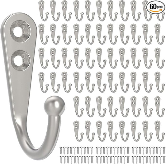 POZEAN 60 Pack Wall Hooks - Silver Coat and Towel Hooks with 120 Screws, for Hanging Coats, Scarves, Bags, Towels, Keys, Caps, Cups, Hats and More