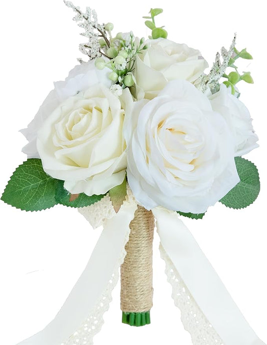 Wedding Bouquets for Bride Bridesmaid, Artificial White Champagne Bride Flower Bouquet for Wedding Church Decoration Ceremony, Anniversary, White Roses Flowers