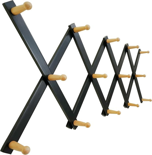 SKOLOO Hat Rack for Wall with 14 Hooks, Solid Wooden, Modern, Expandable Coat Rack Wall Mount for Coats, Hats, Bags, Baseball Caps, Natural on Black