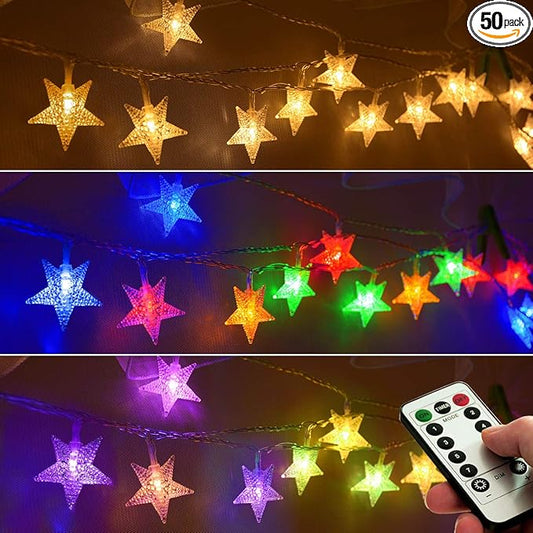 Homeleo 25ft 50 LED Multicolor Star String Lights for Bedroom Decorations, Battery Operated Led Christmas Lights for Apartment Dorm Room Decor(Remote/Timer/Warm White Multicolor Combination)