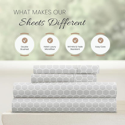 Linen Market Double-Brushed Patterned Microfiber California King Sheet Set 4 Piece – Oeko-TEX Certified Ultra Soft & Wrinkle-Free - 16" Deep Pocket Sheets Easy Care Cal-King Size - Honeycomb Gray