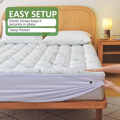 Bioeartha Cooling Mattress Topper California King – Extra Soft Pillow Top Mattress Pad, Breathable Viscose Made from Bamboo Mattress Protector for Back Pain Relief, Deep Pocket Cover Fits 8–21 Inch