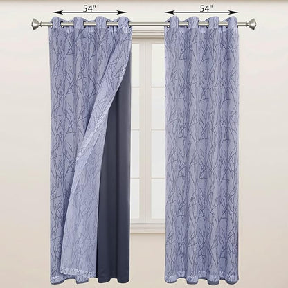 BONZER Mix and Match Curtains - 2 Pieces Branch Print Sheer Curtains and 2 Pieces Blackout Curtains for Bedroom Living Room Grommet Window Drapes, 54x95 Inch/Panel, Grey Dark, Set of 4 Panels