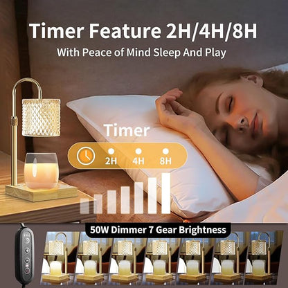 Candle Warmer Lamp, Candle Lamp Wax Warmer, Timer & Dimmer 7-Levels, Fits Cup Jar Candle, Top Melting, Crystal Heater Lamp for Scented Wax, Elegant Home Decor, Brass Glass