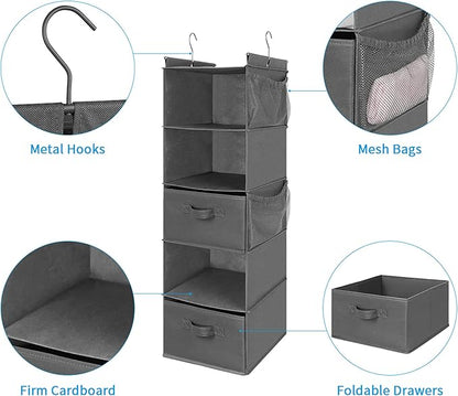 MAX Houser 5 Tier Shelf Hanging Closet Organizer, Cloth Hanging Shelf with 2 Sturdy Hooks for Storage, Foldable (Grey-D2)