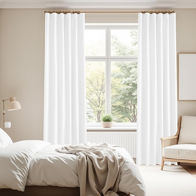 KangBang Pure White Blackout Curtains 90 Inch Length for Bedroom, Light Blocking Hook Belt Pleated Back Tab Soft Thick Linen Curtains for Living Room Nursery 52 Inch Wide by 90 Inch Length,2 Panels